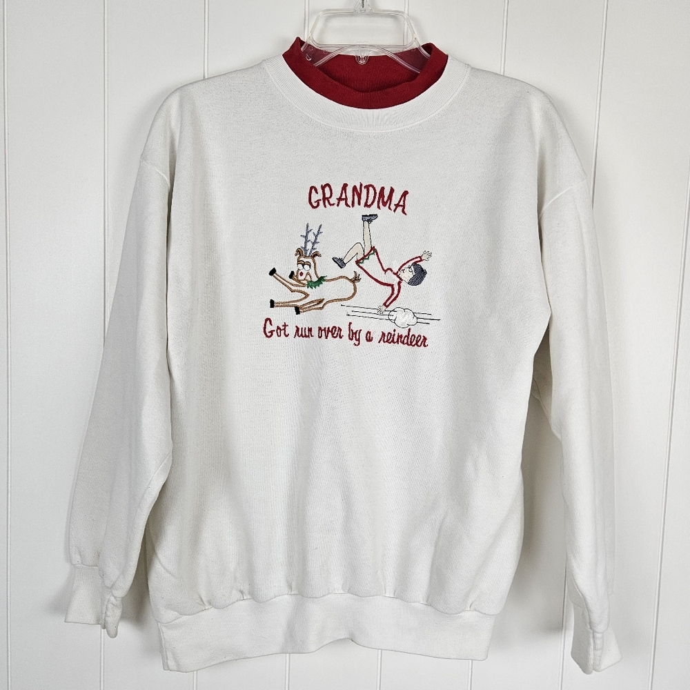 Vintage Christmas Sweatshirt Mockneck Embroidered "Grandma Got Ran Over" Large